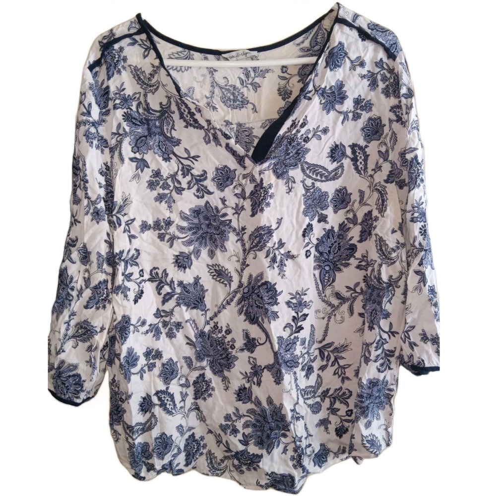Rose & Rhyme Sz 1X White & Blue Floral Tunic Top Chinoiserie Boho French Country